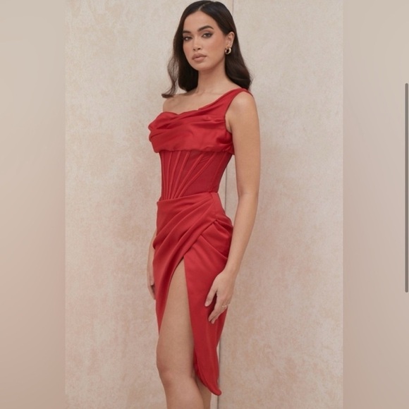 NWT House of CB Lulu Corset One-Shoulder Satin Midi Dress Red Size Large Plus - Picture 2 of 9